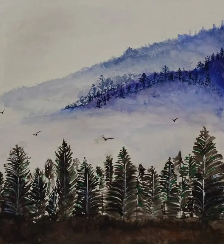 Painting of mountains and trees